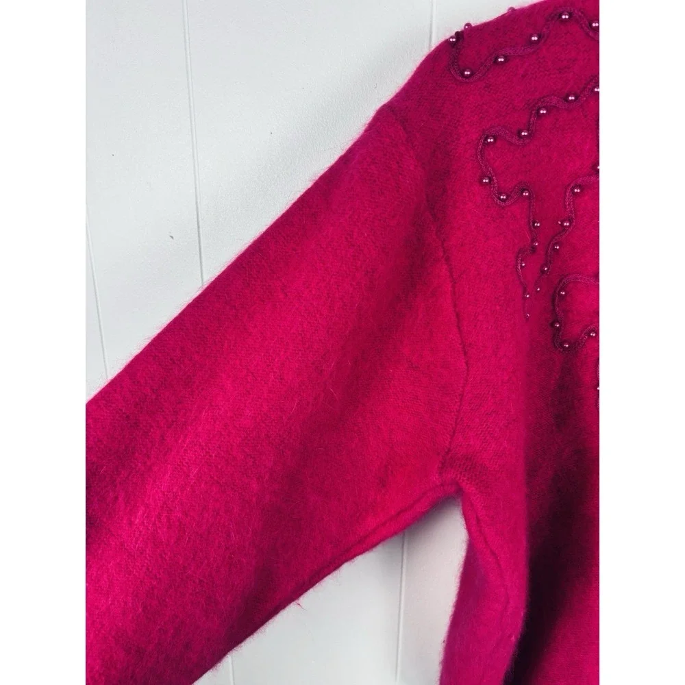 Vintage 80s Pink Coquette Bow Beaded Fuzzy Angora Wool Knit‎ Sweater Pullover